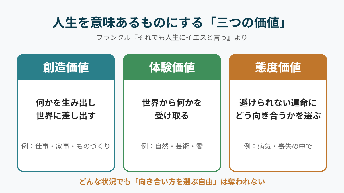 それでも人生にイエスと言う 三つの価値（創造価値・体験価値・態度価値）の図解